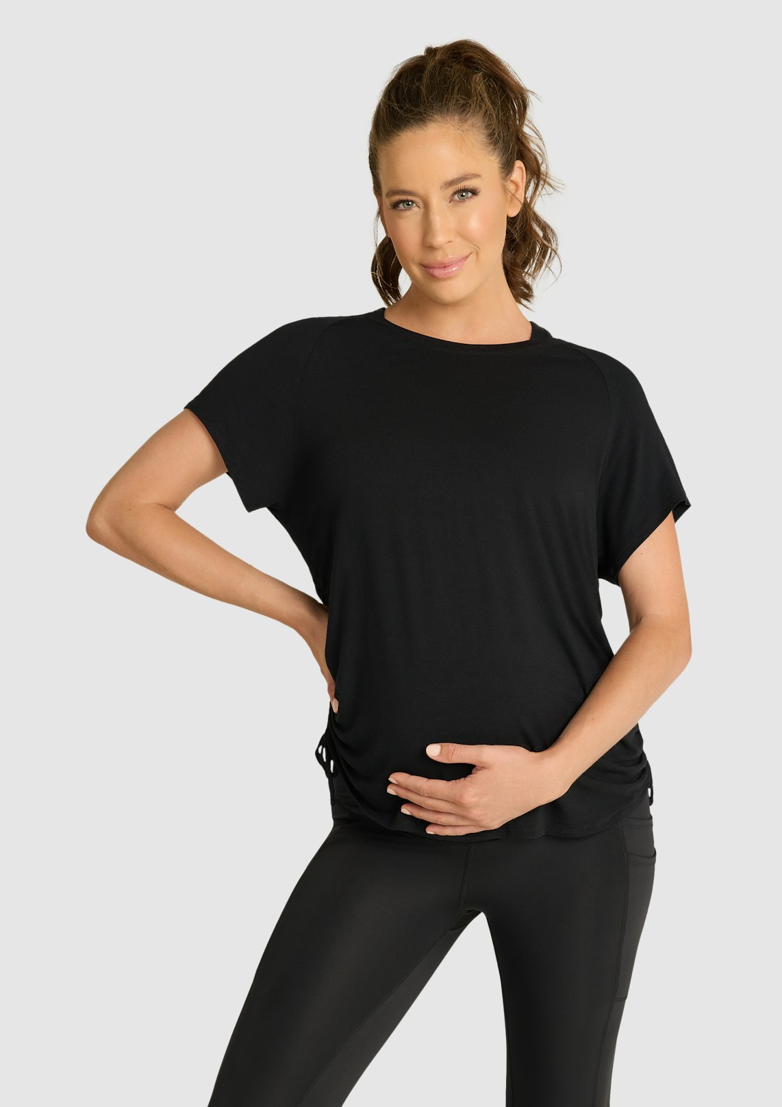 Black Maternity Ruched Casual Tee, Women's Tops
