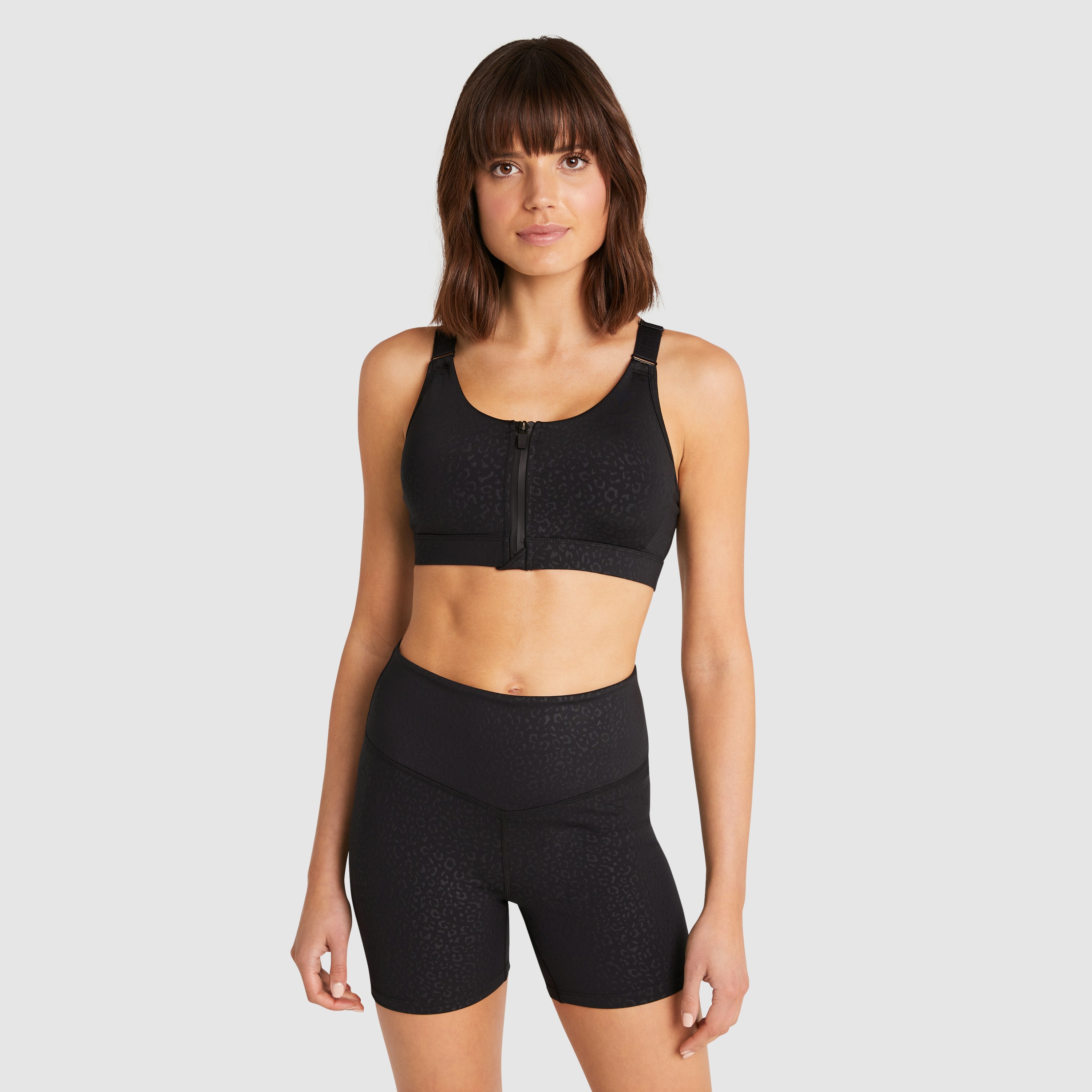 Black Leopard Velocity Zip Medium Impact Sports Bra | Women's Tops | Rockwear AU