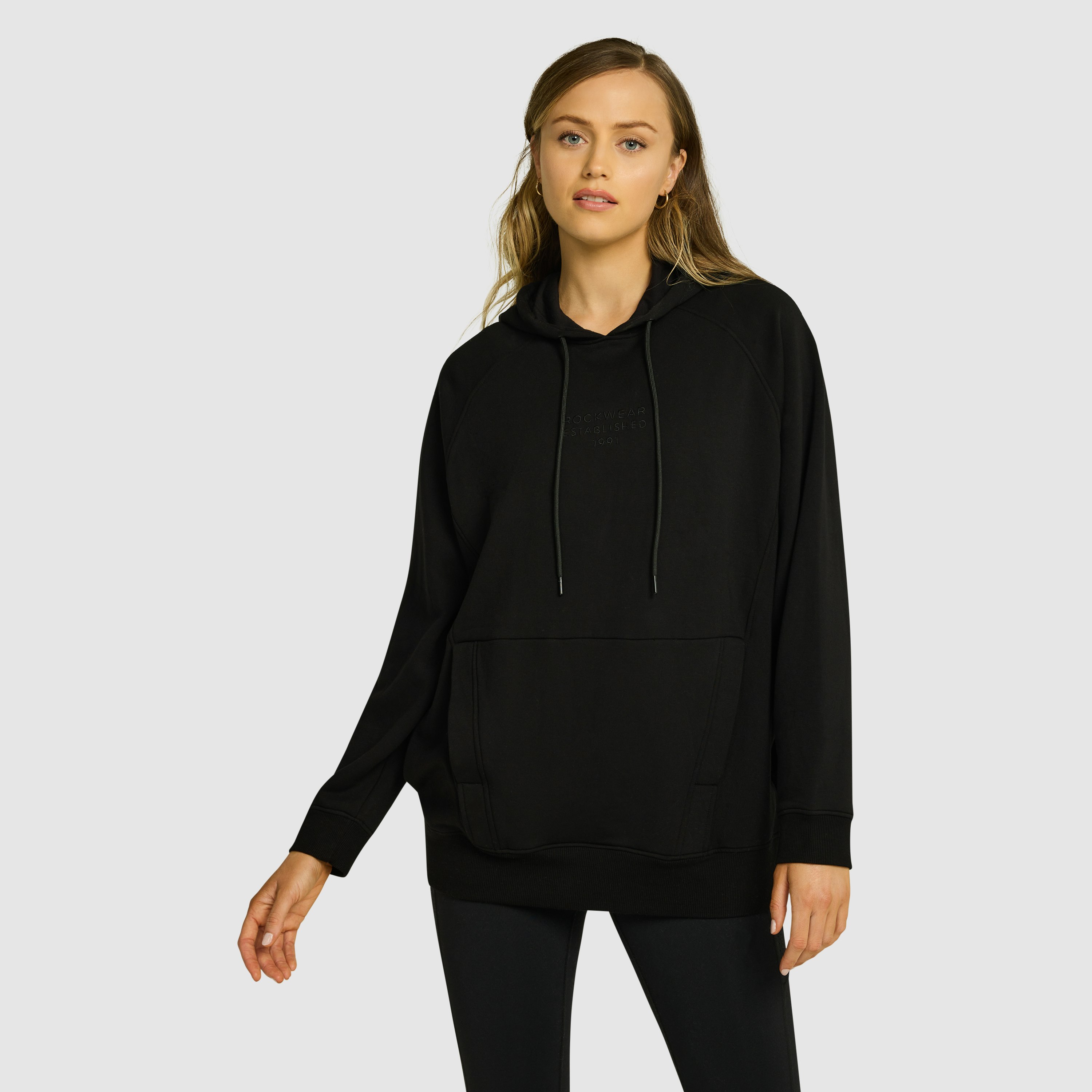 Black Wind Down Fleece Longline Hoodie | Women's Tops | Rockwear AU