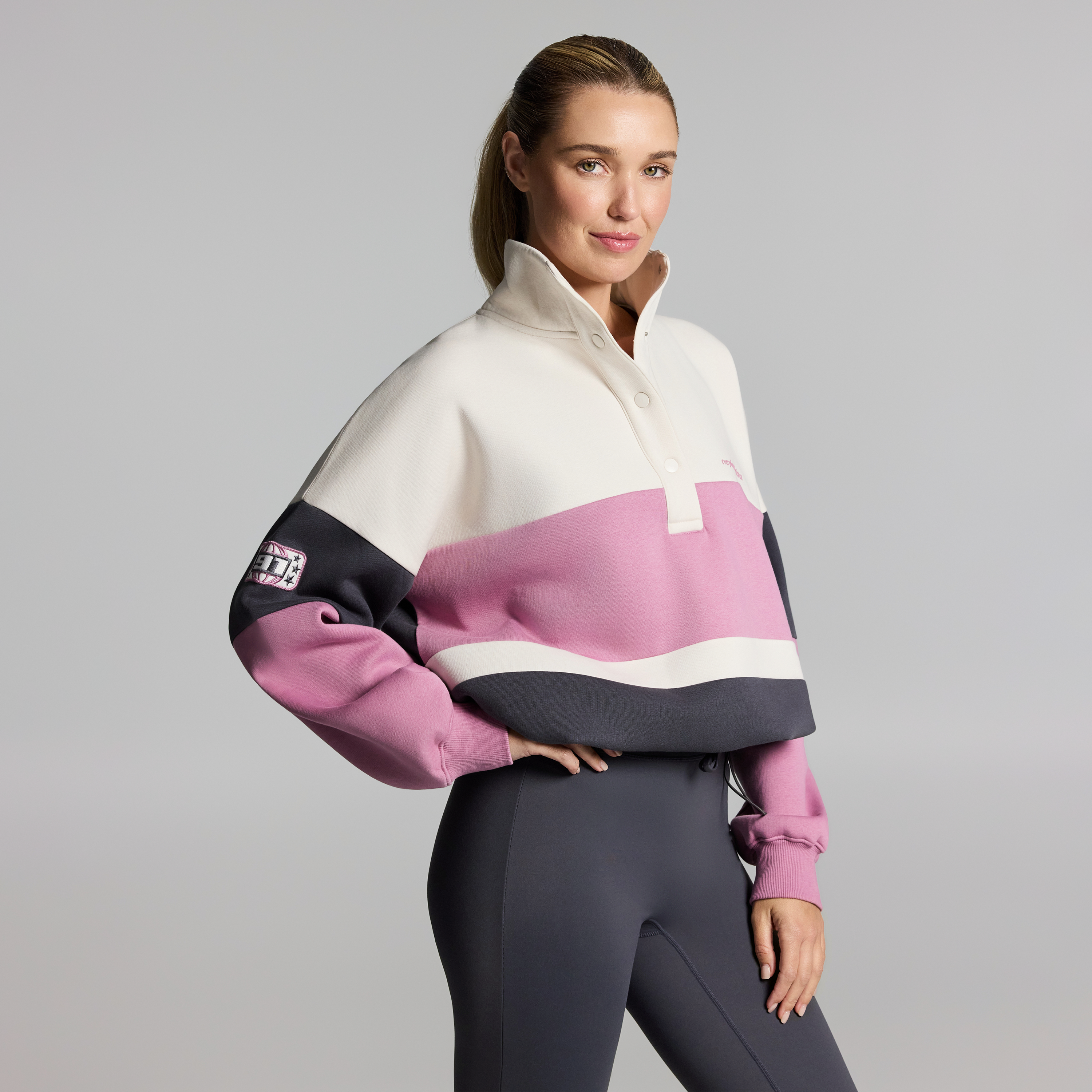 Cosy Fleece Blocked Snap Crew