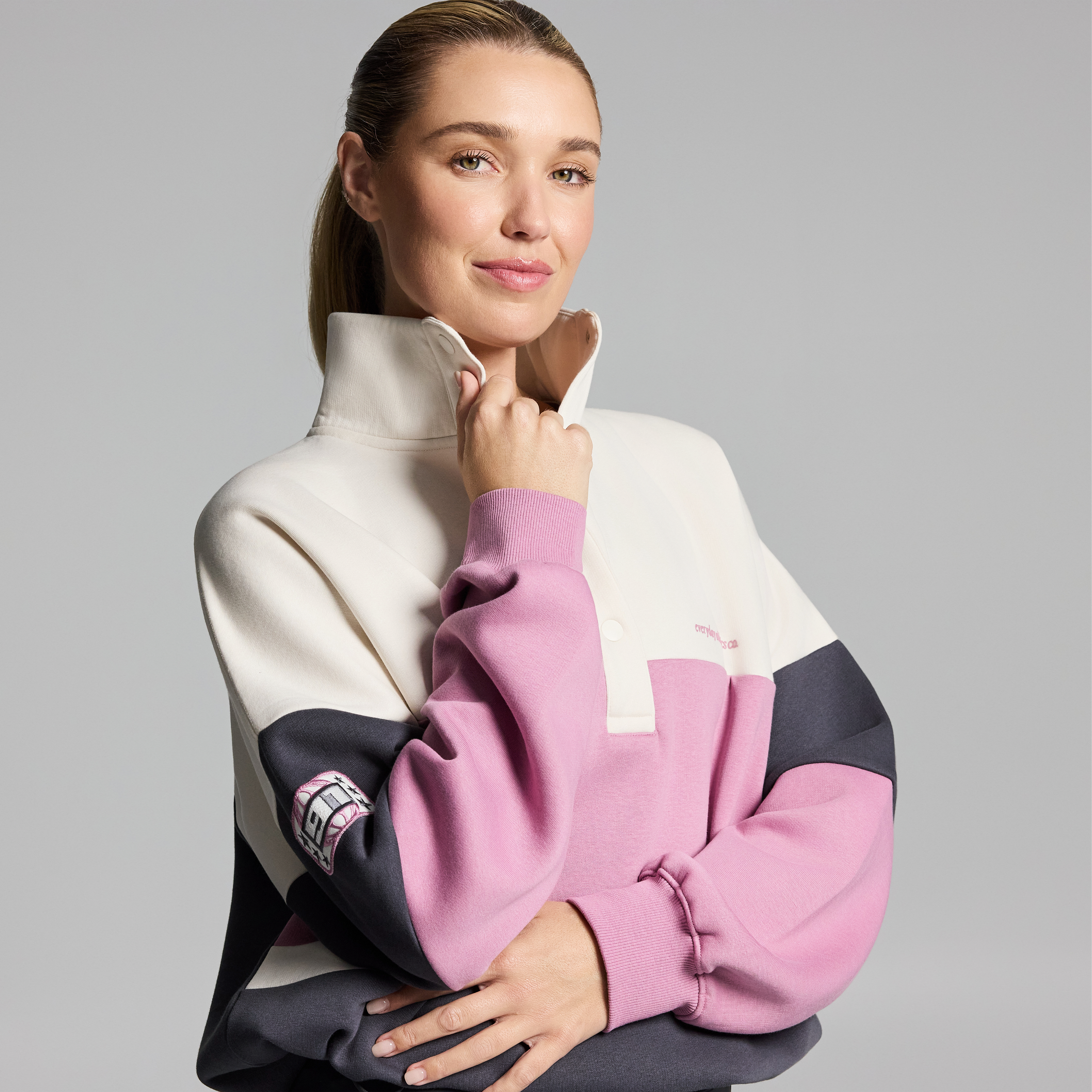Cosy Fleece Blocked Snap Crew