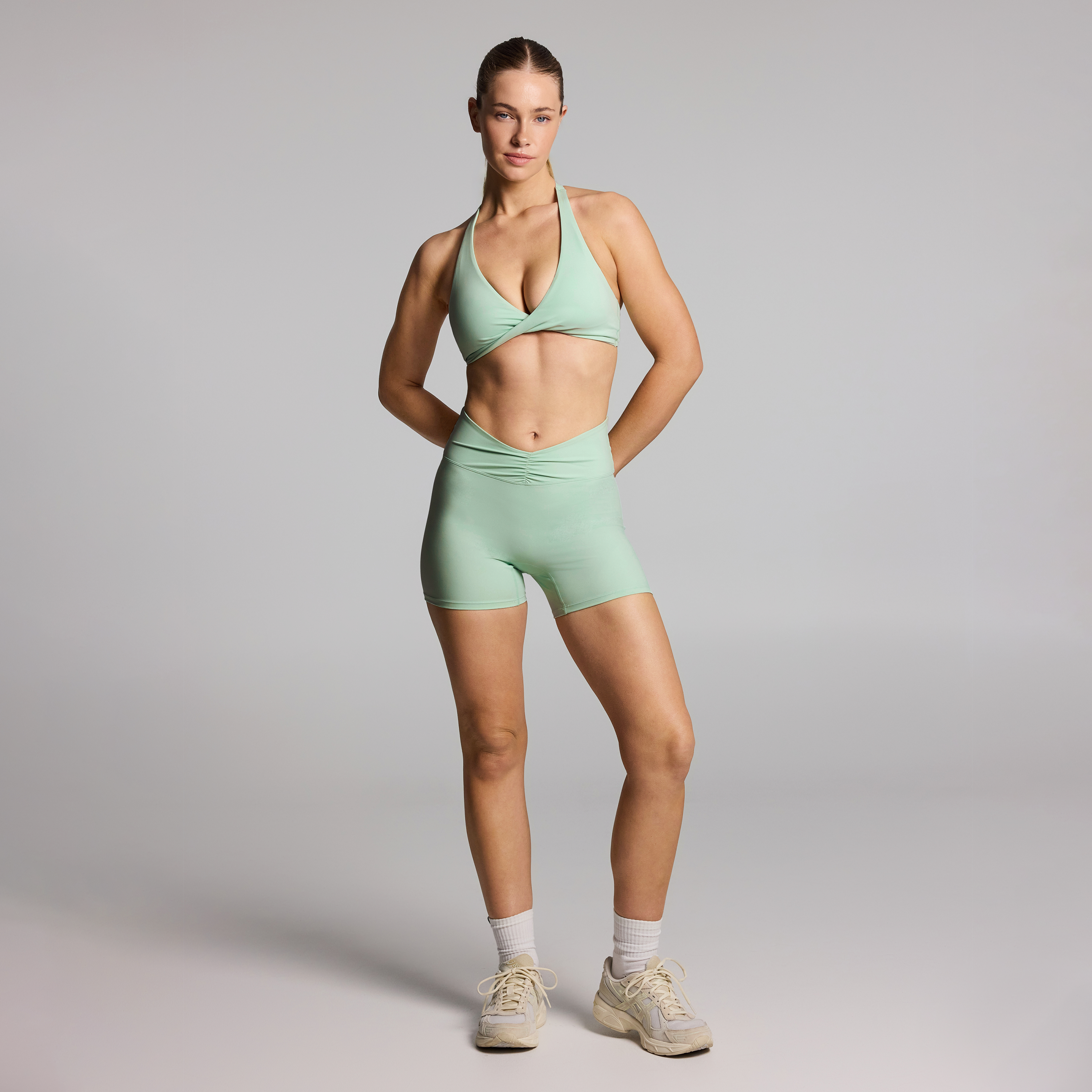 Ruched Waist High Rise Mid Thigh Bike Shorts